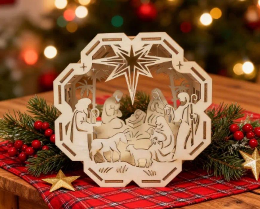 Drewniana Szopka Bożonarodzeniowa Ozdoba Świąteczna Lampion