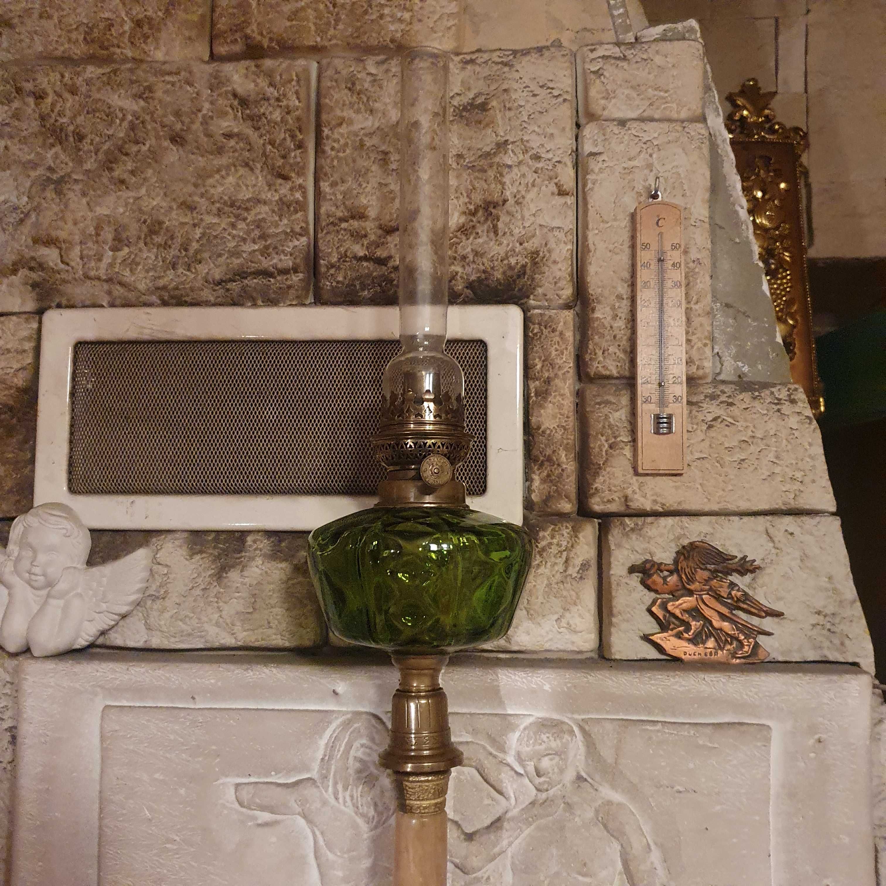 Wielka=sprawna lampa naftowa z kamienia i brązu=92 cm.