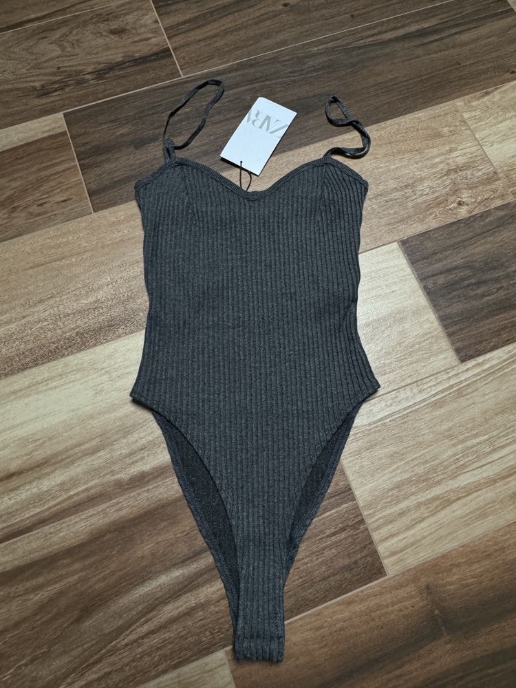 Szare body dzianinowe Zara r.S dzianina body prążkowane zatrzaski napy