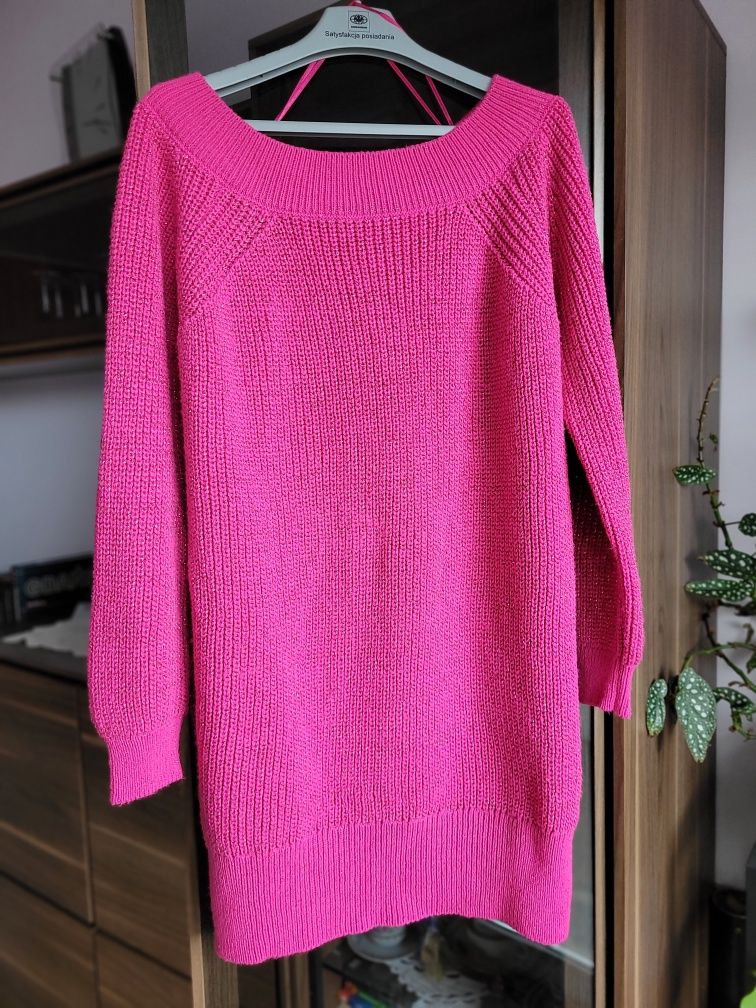 Długi sweter tunika, różowy z połyskliwą nitką, Orsay, r.36