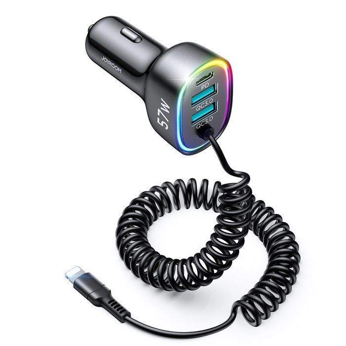 Joyroom ładowarka samochodowa 4w1 z kablem Lightning 1,6m 57W czarny