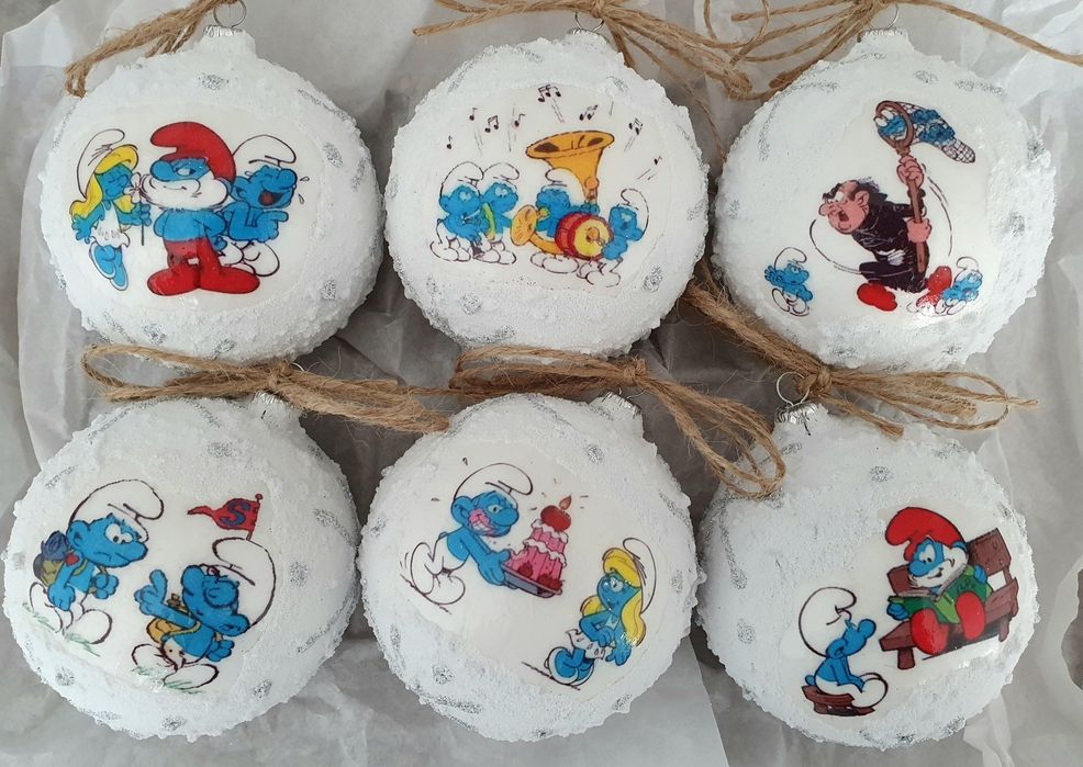 Bombki choinkowe śnieżki 80mm 8cm 6szt Smerfy rękodzieło