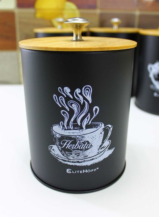 Pojemniki czarne puszki Kawa Herbata Cukier Sól z Maselniczką E6055