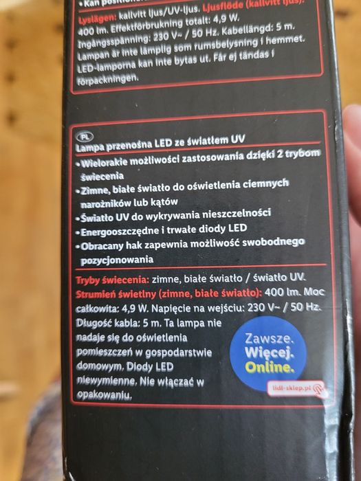 Lampa warsztatowa przenośna LED że światłem UV Parkside NOWA