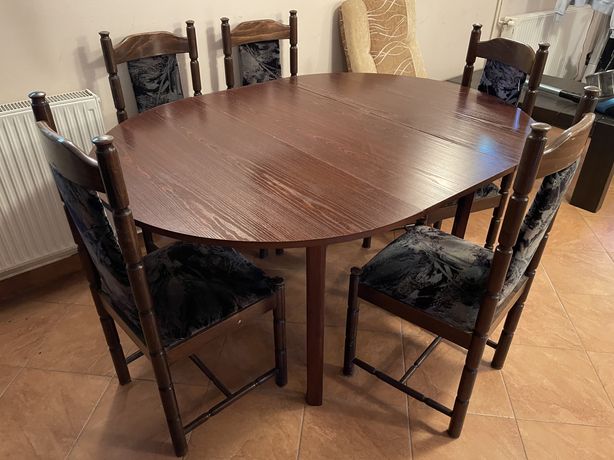 Stół rozkładany okrągły/owalny + 5 krzeseł