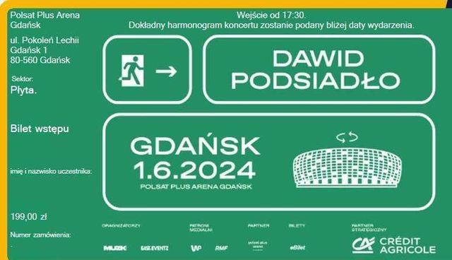 Dawid Podsiadło Gdańsk 1.06.2024 płyta 2 bilety