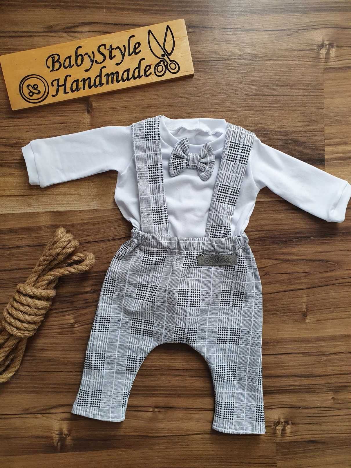 Elegancka szara kratka Ubranko na chrzest dla chłopca muszka HANDMADE