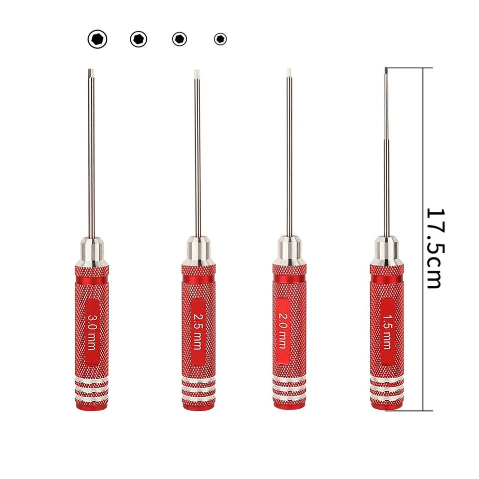 4 modelarskie śrubokręty hex czerwone 1,5mm-3mm tytanowe końcówki