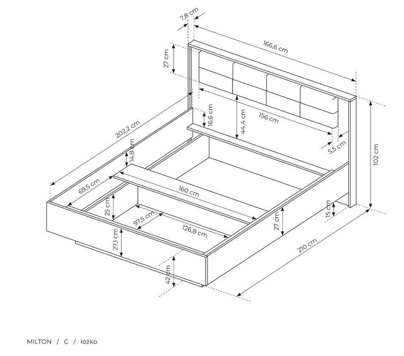 Łóżko MILTON do sypialni STOLIKI LED + STELAŻ GAZOWY 160x210 kasztan