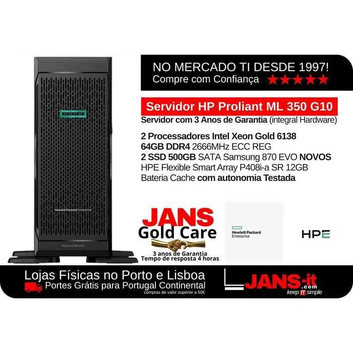 HP ML350 G10 2P Xeon Gold 6138 | 64GB | 2x SSD 500GB Garantia 3 Anos