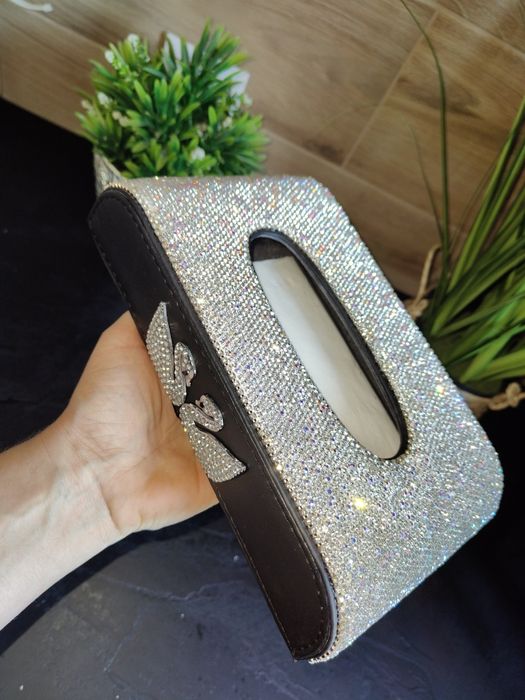 Elegancki chustecznik czarny Eko skóra i cyrkonie glamour
