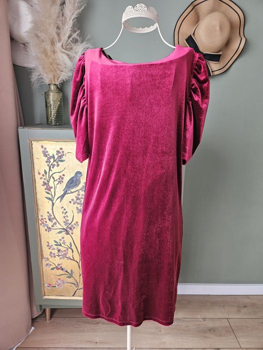 Luksusowa Sukienka damska XS/ S  Czerwone Wino Welur Krótki Rękaw