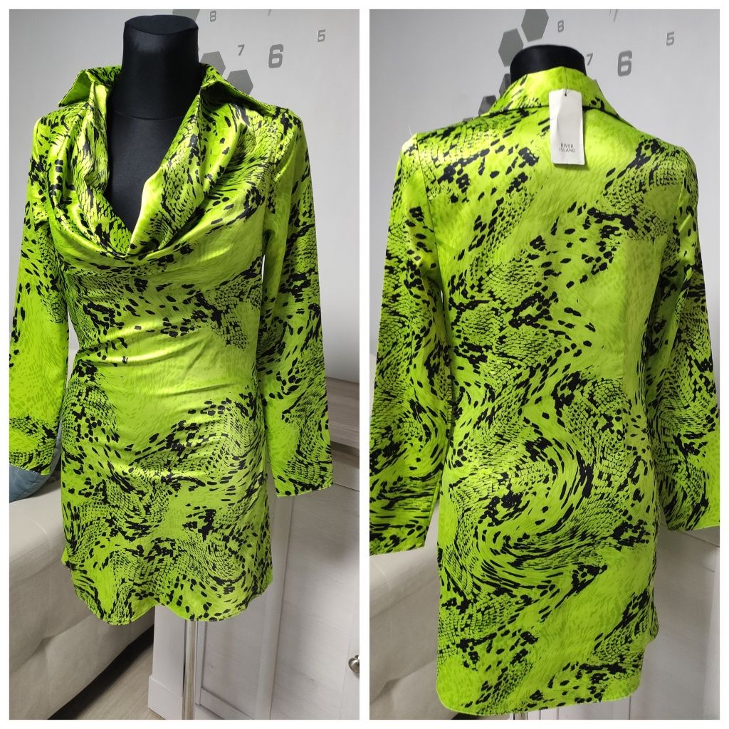 Nowa sukienka satynowa river island zielona seledynowa panterka z metk