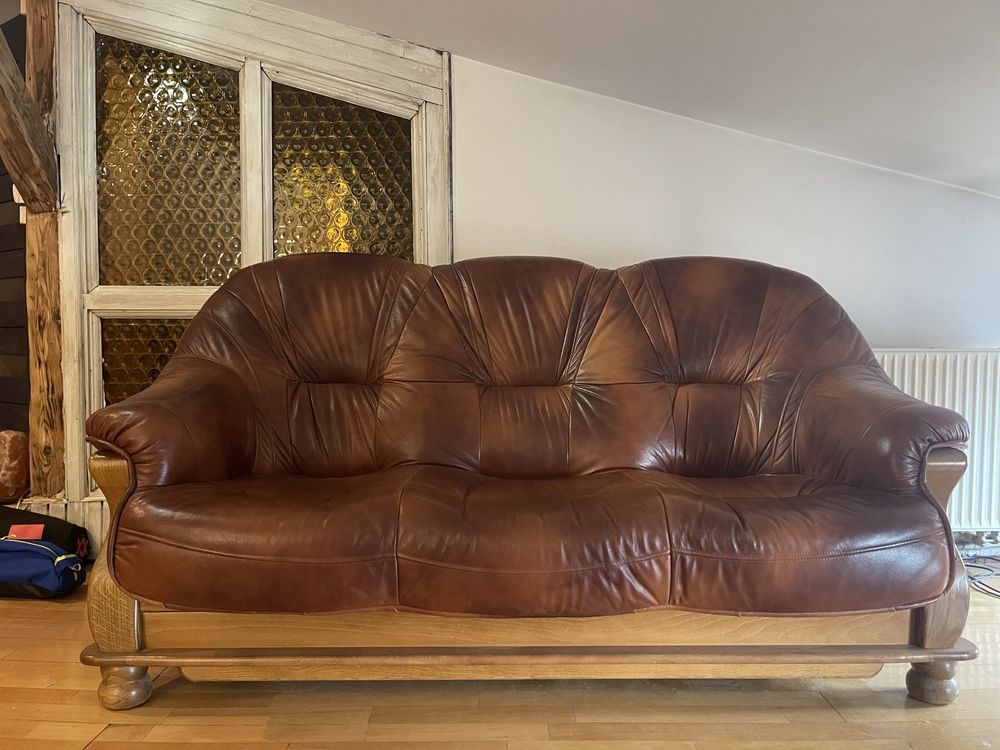 Skórzana sofa w stylu holenderskim w zestawie z fotelami + f. spania