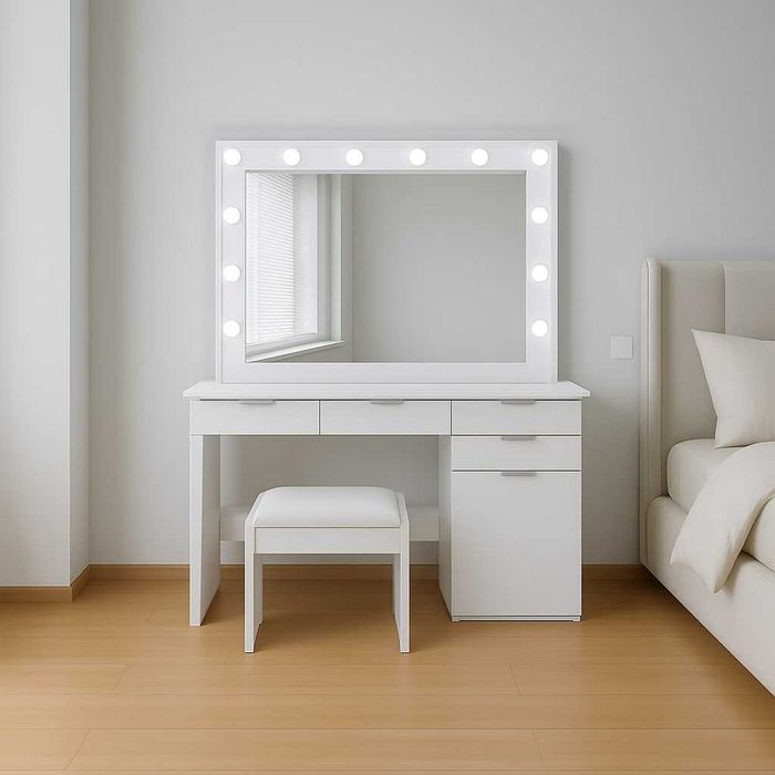 Duża Biała Toaletka Kosmetyczna Z Lustrem I Oświetleniem + PUFA CA32