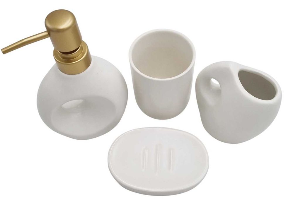 Zestaw łazienkowy biały dozownik kubek mydelniczka kubek na szczoteczk