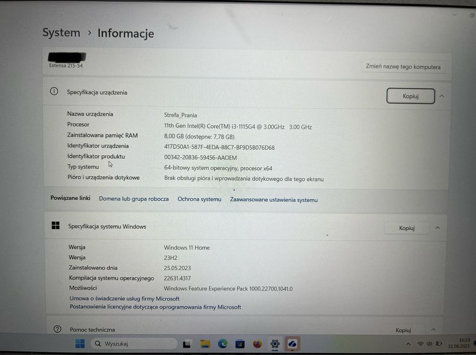 Laptop Acer Extensa 15 - Intel Core i3, 8 GB / 512 GB - stan idealny