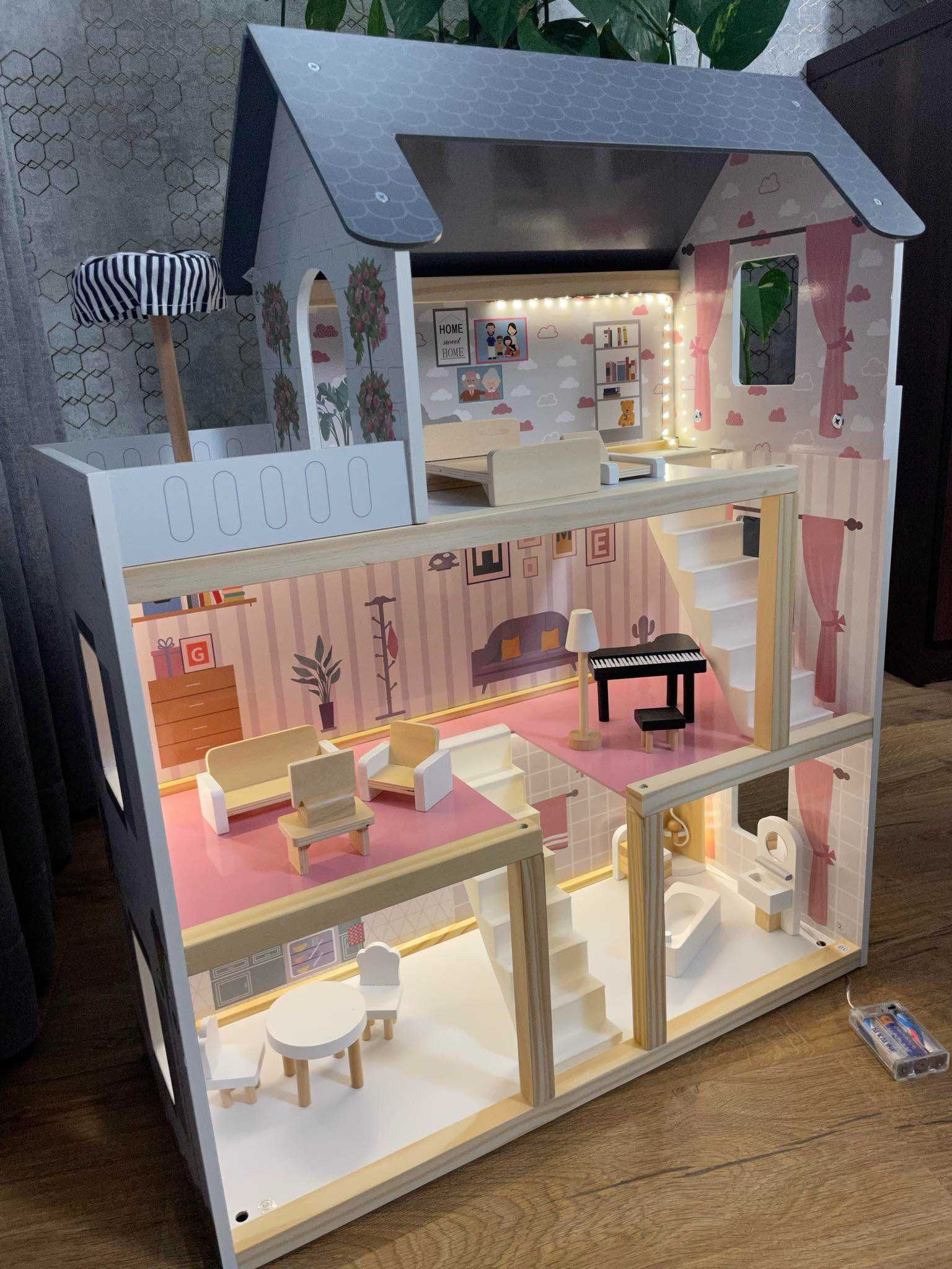 Domek dla lalek drewniany + 4 LALKI mebelki 78cm oświetlenie LED
