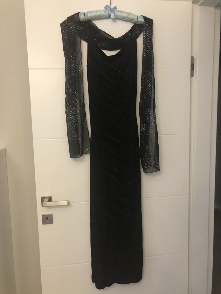 Suknia sukienka balowa czarny brokat MFC szal S 36 długa dopasowana