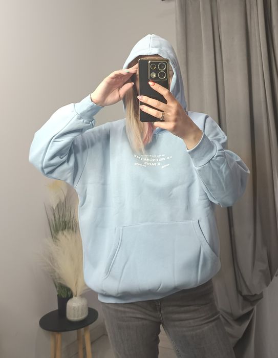 Baby blue bluza damska oversize z kapturem kieszeń kangurka