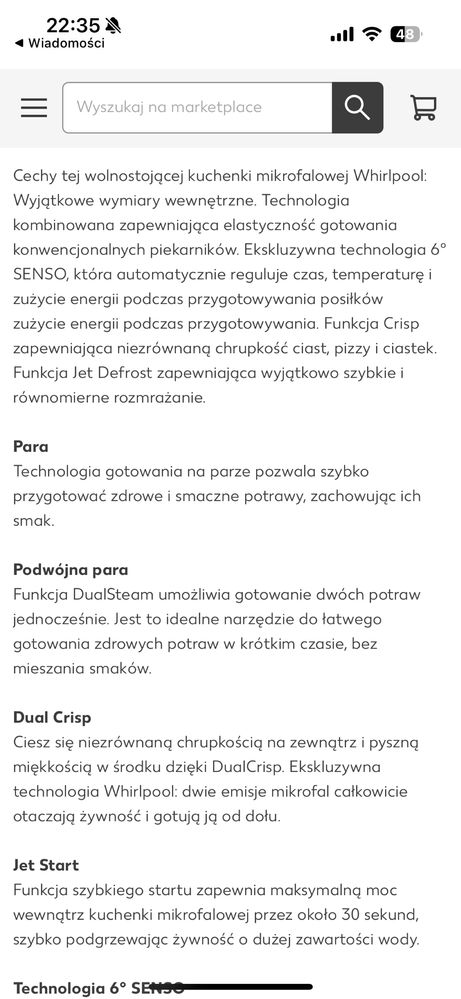 Kuchenka mikrofalowa Whirpool funkcja grila i gotowania na parze itp