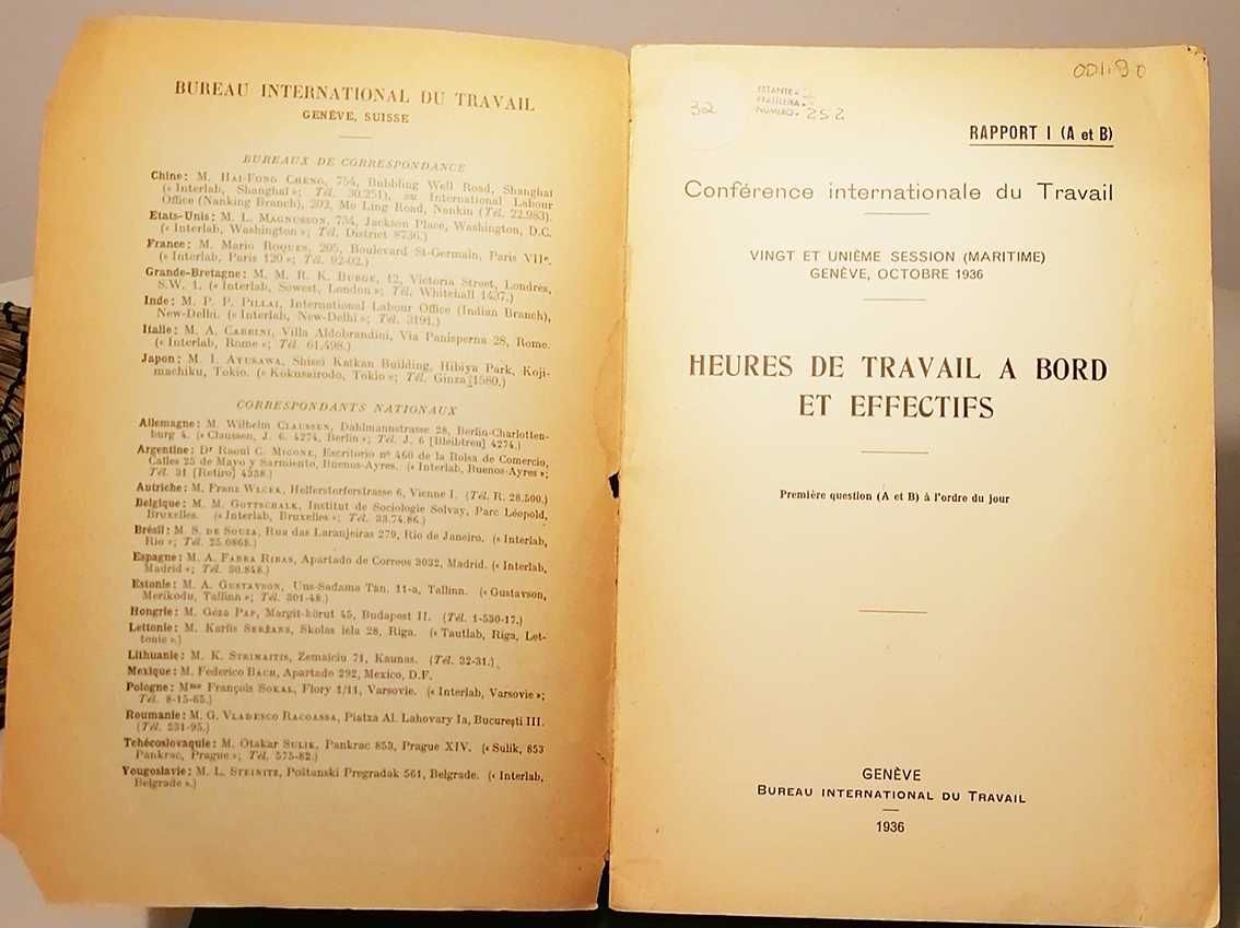 HEURES DE TRAVAIL A BORD ET EFFECTIFS (Edição de 1936)