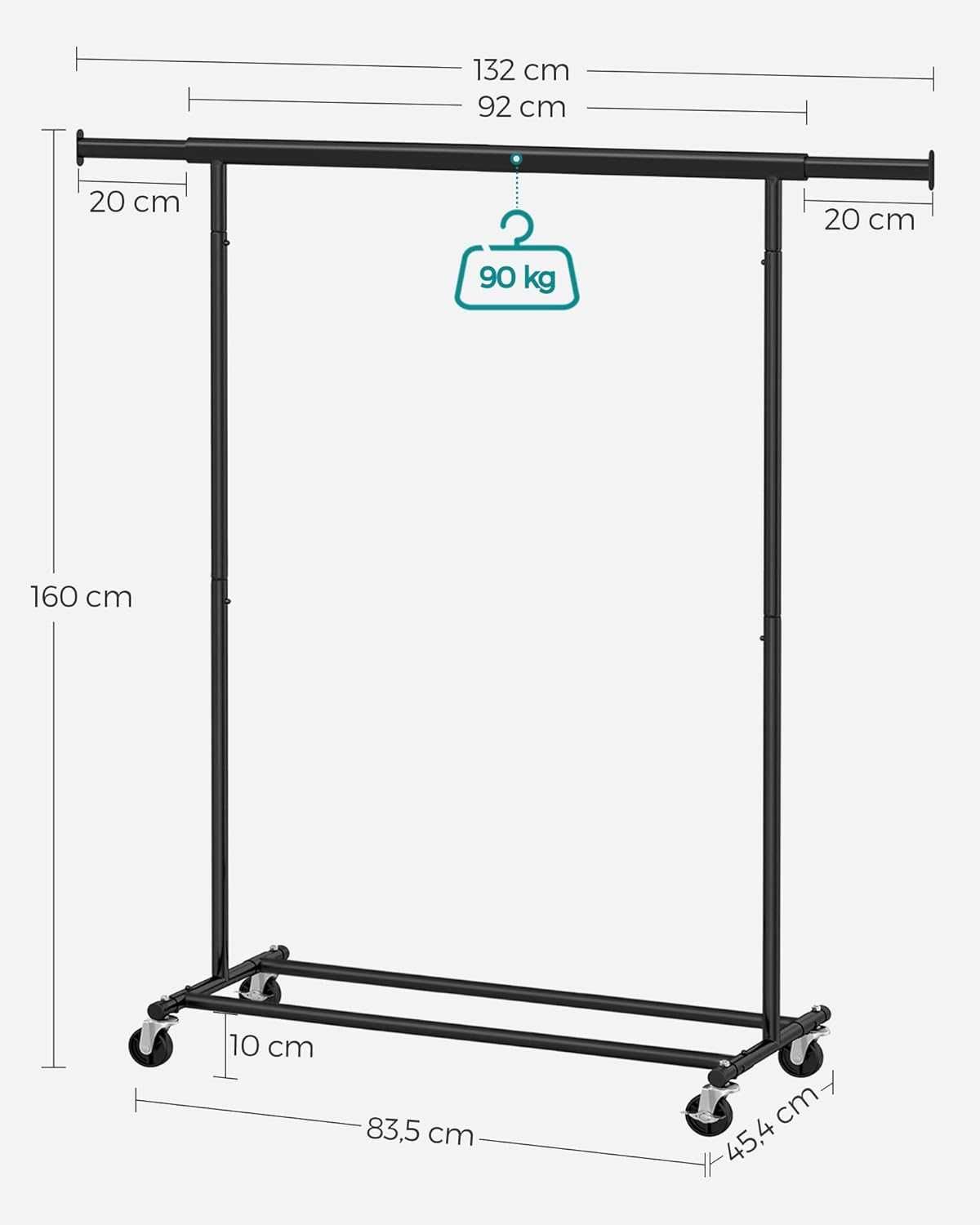 Wieszak na ubrania na kółkach mobilny regulowany drążek 132cm