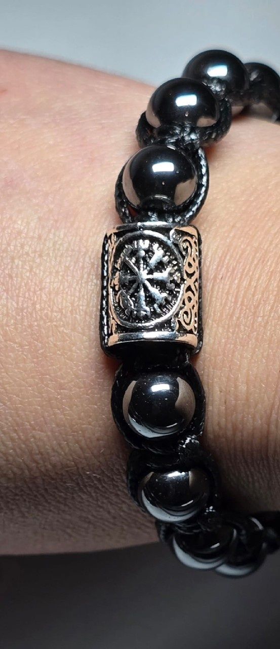 Bransoletka kamień 10 mm Hematyt runa Vegvisir Wikingów szer.nadg.17