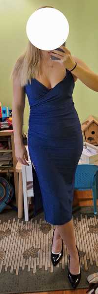 Granatowa mieniąca sukienka midi z rozcięciem S