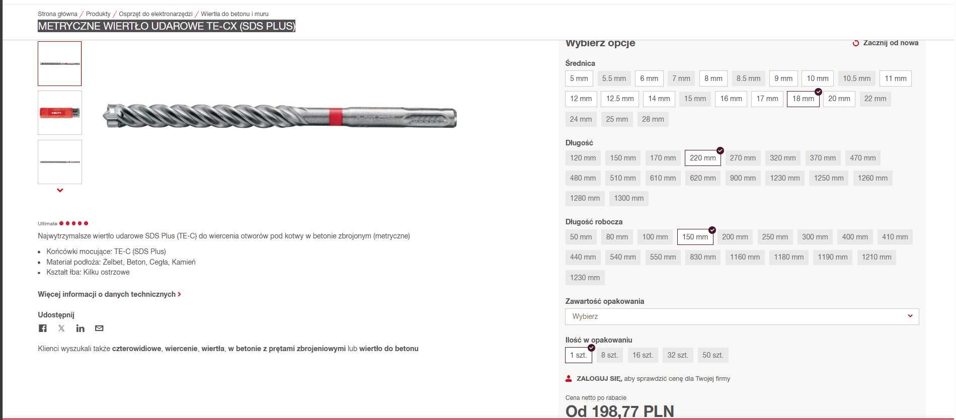 Metryczne wiertło udarowe TE-CX 18/22 (SDS PLUS)