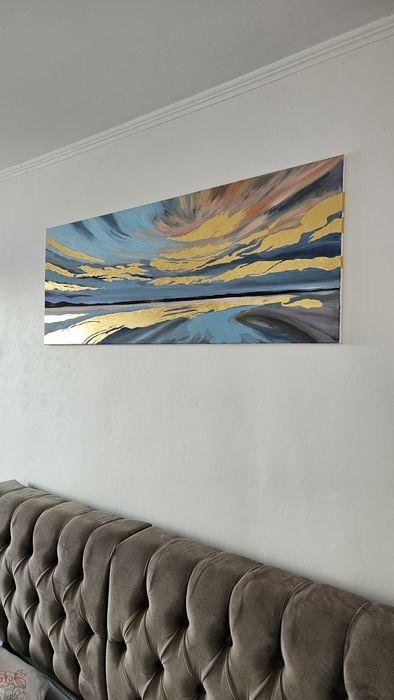 Картина 120х60, абстракция, закат, поталь, золото, холст, акрил