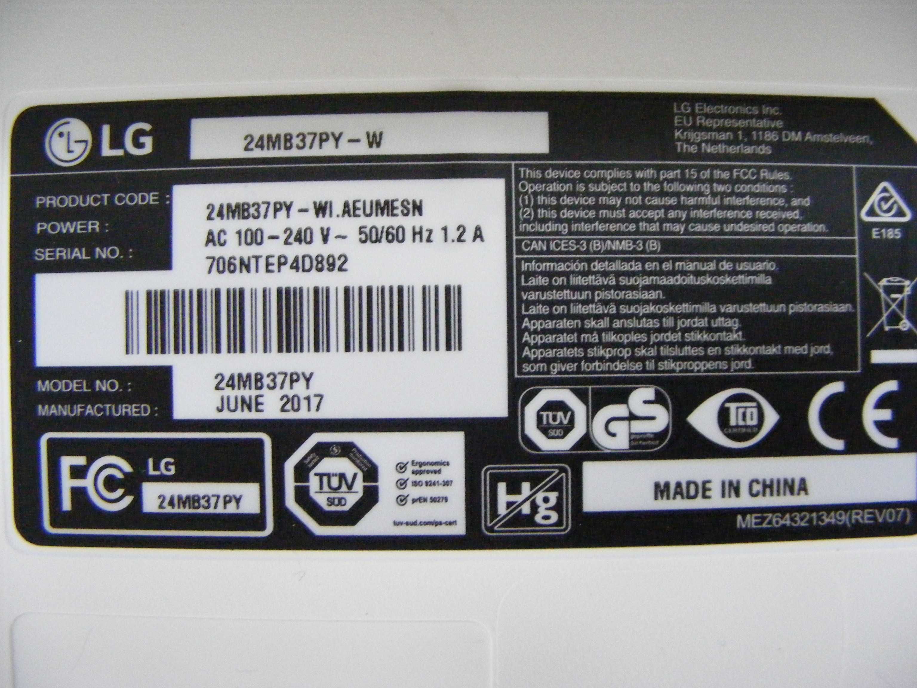 LG 24MB37PY 24" 1920x1080 LED bialy jak MAC Okazja