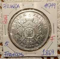 França - moeda em prata de 5 francos de 1869 Napoleão III