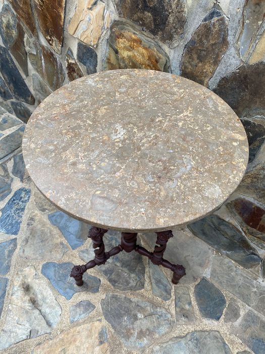 Mesa Pé de Galo Madeira entalhada Mármore Antiga 59 cm