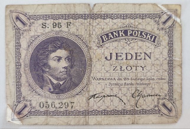Polska banknot 1 złoty z 1919 r. Seria S. 95 F.
