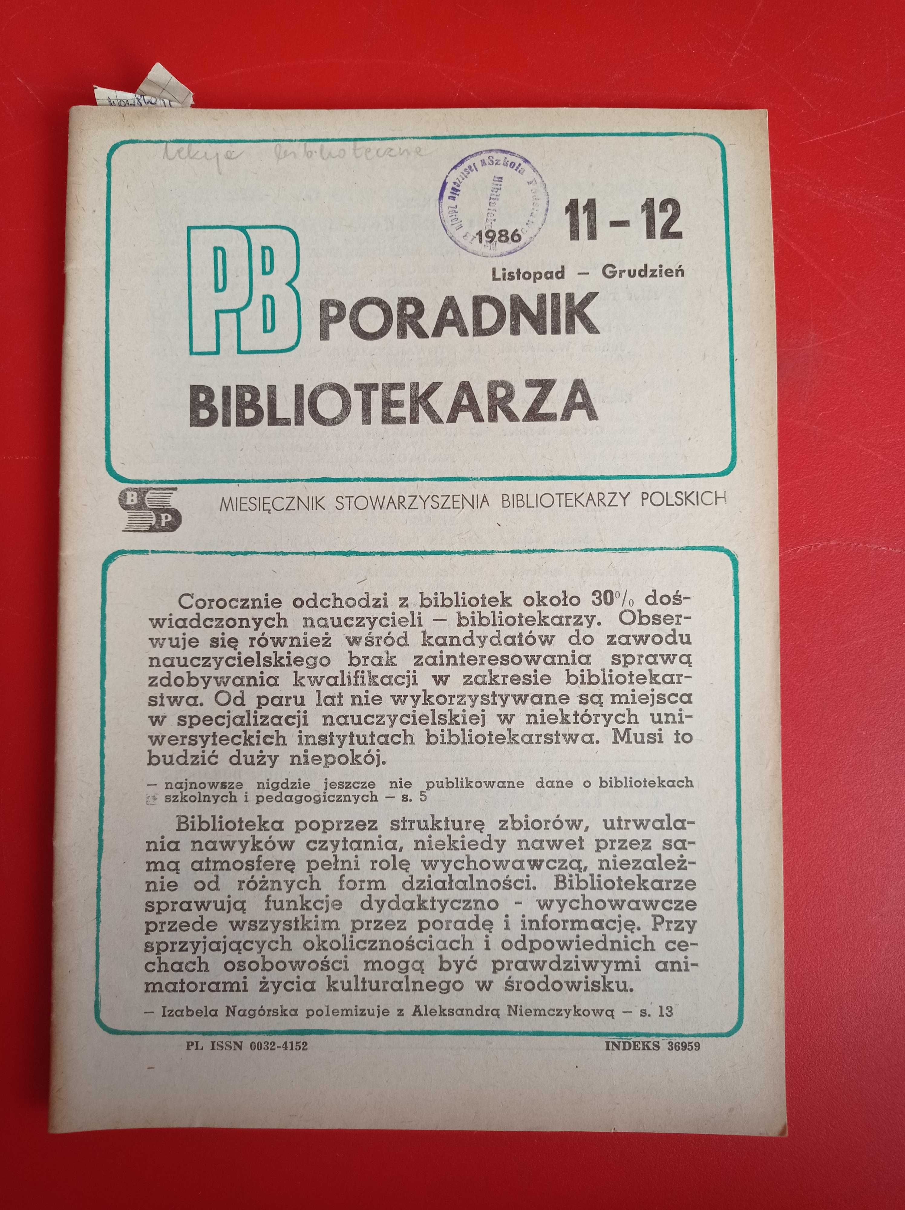 Poradnik Bibliotekarza, nr 11-12/1986, listopad-grudzień 1986