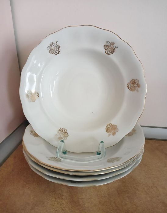 Porcelanowe talerze obiadowe głębokie Karolina złocenia