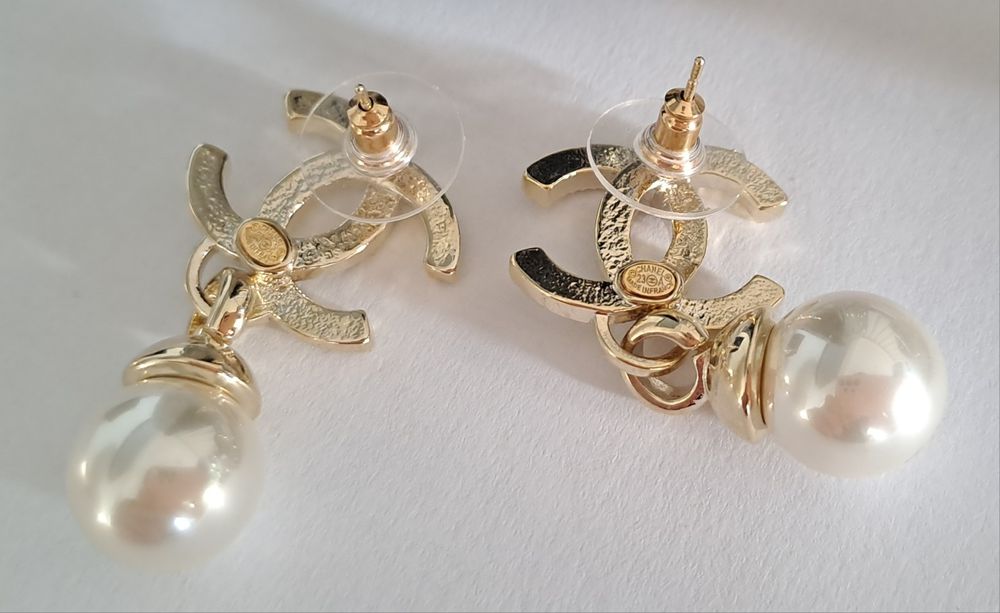 Piękne, złote kolczyki cc perła, wybita pieczątka Cudo lv ysl