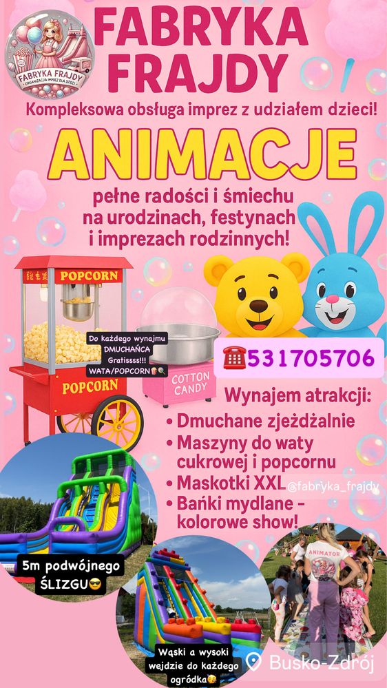 Animacje animatorka dmuchaniec zjezdzalnia wata popcorn