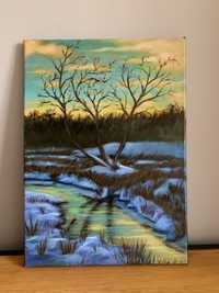 Ręcznie malowany obraz akrylowy "Zima" 46 x 33