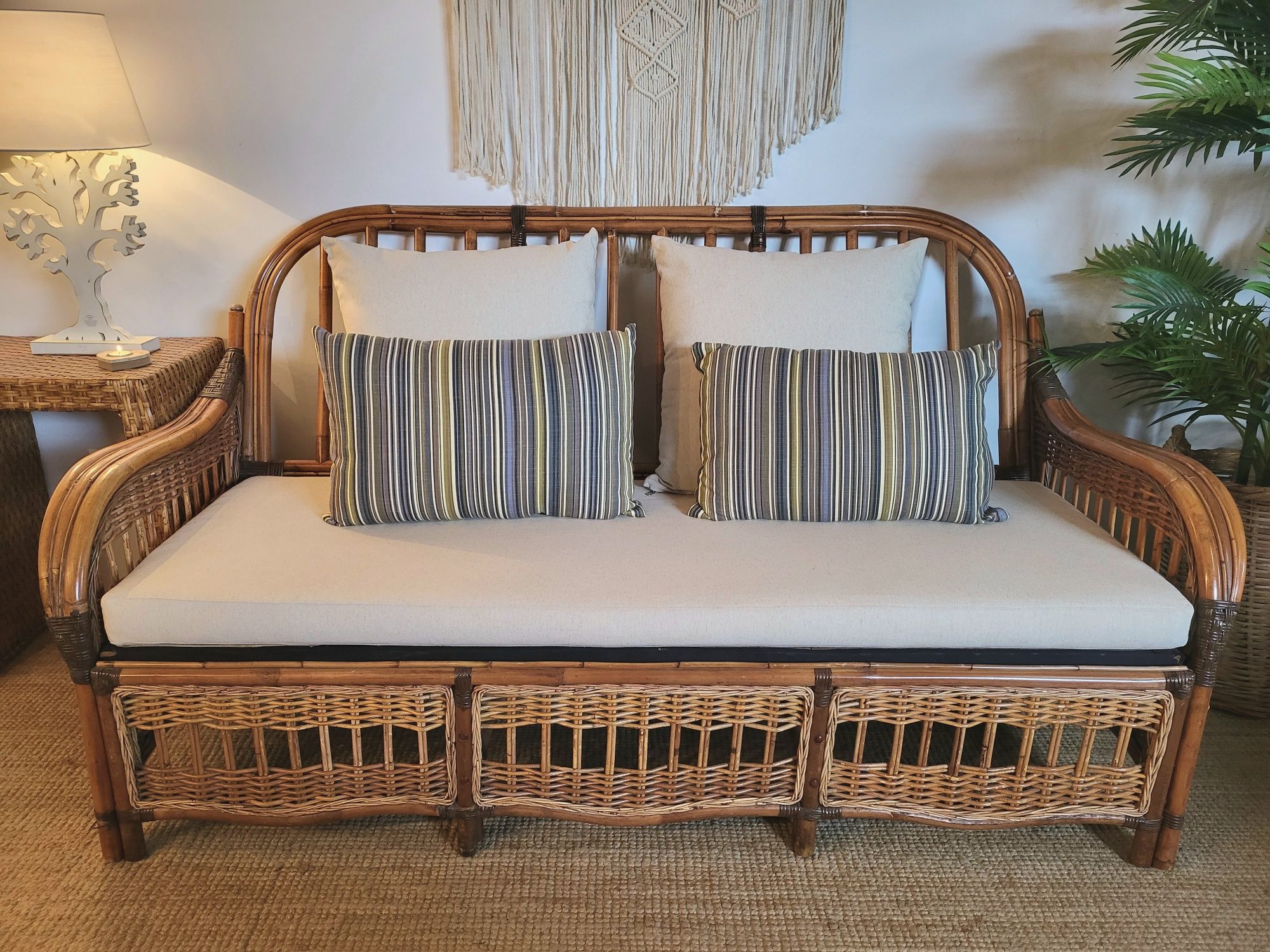 sofa, canape, cadeirao bambu, rattan, mesa, rustico