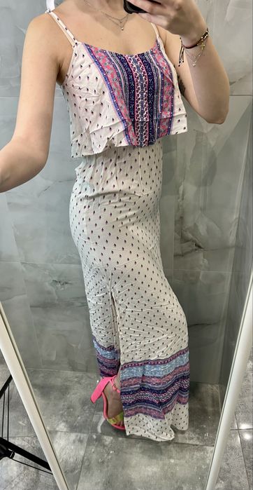 Sukienka maxi biała wzorki h&m xs różowa fioletowa dwa rozcięcia