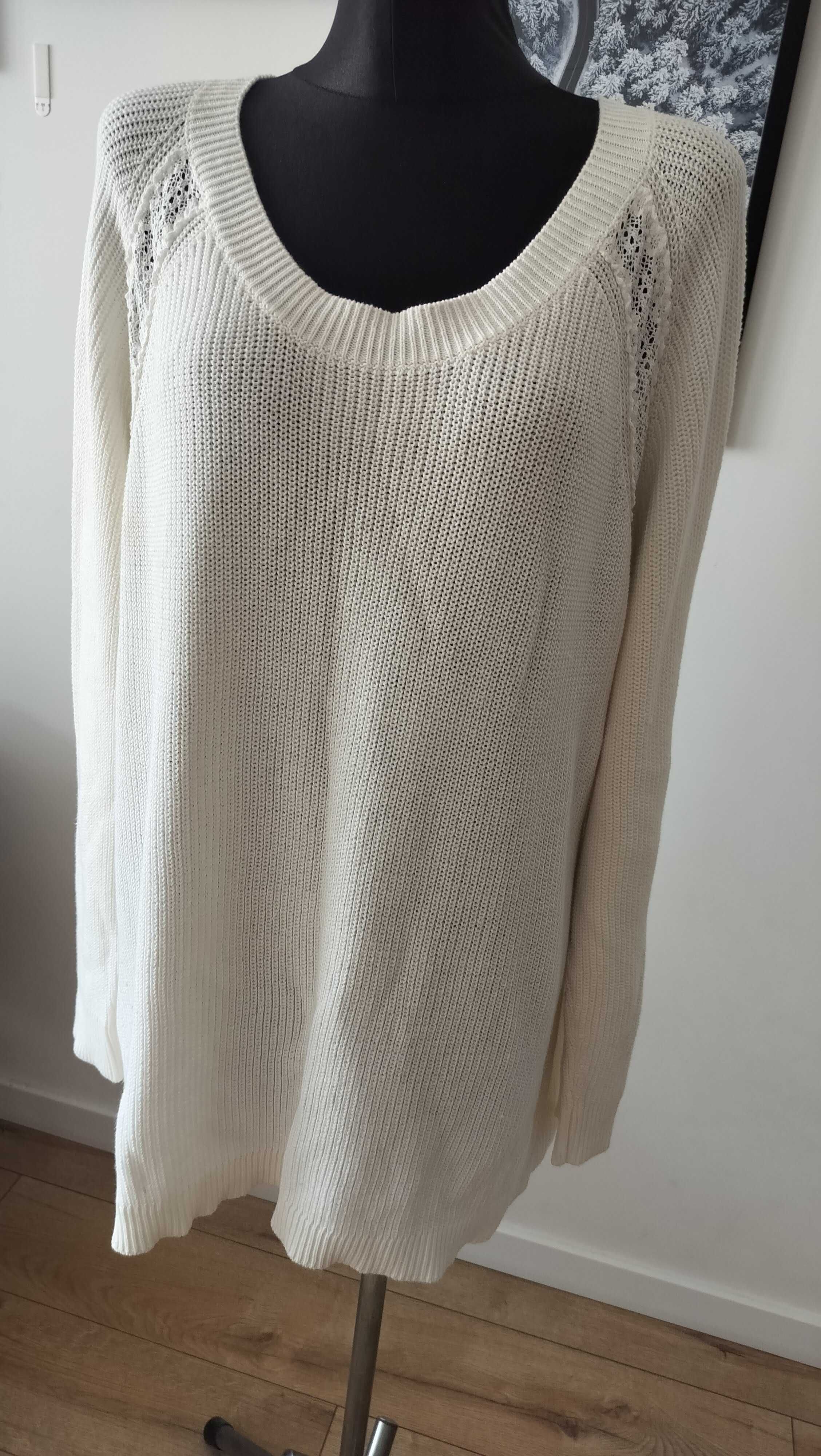 Sweter damski 48 Ulla Popken szykowny wstawki koronkowe bawełna ekri