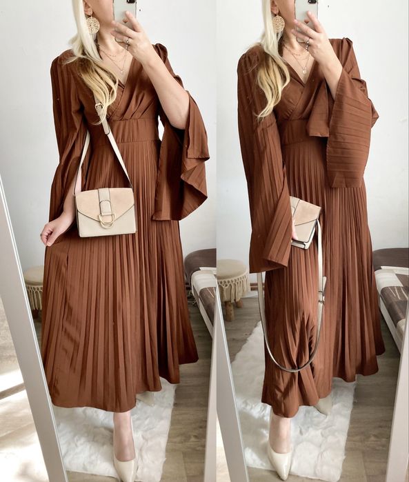 Sukienka Damska plisowana czekoladowa elegancka imprezowa L