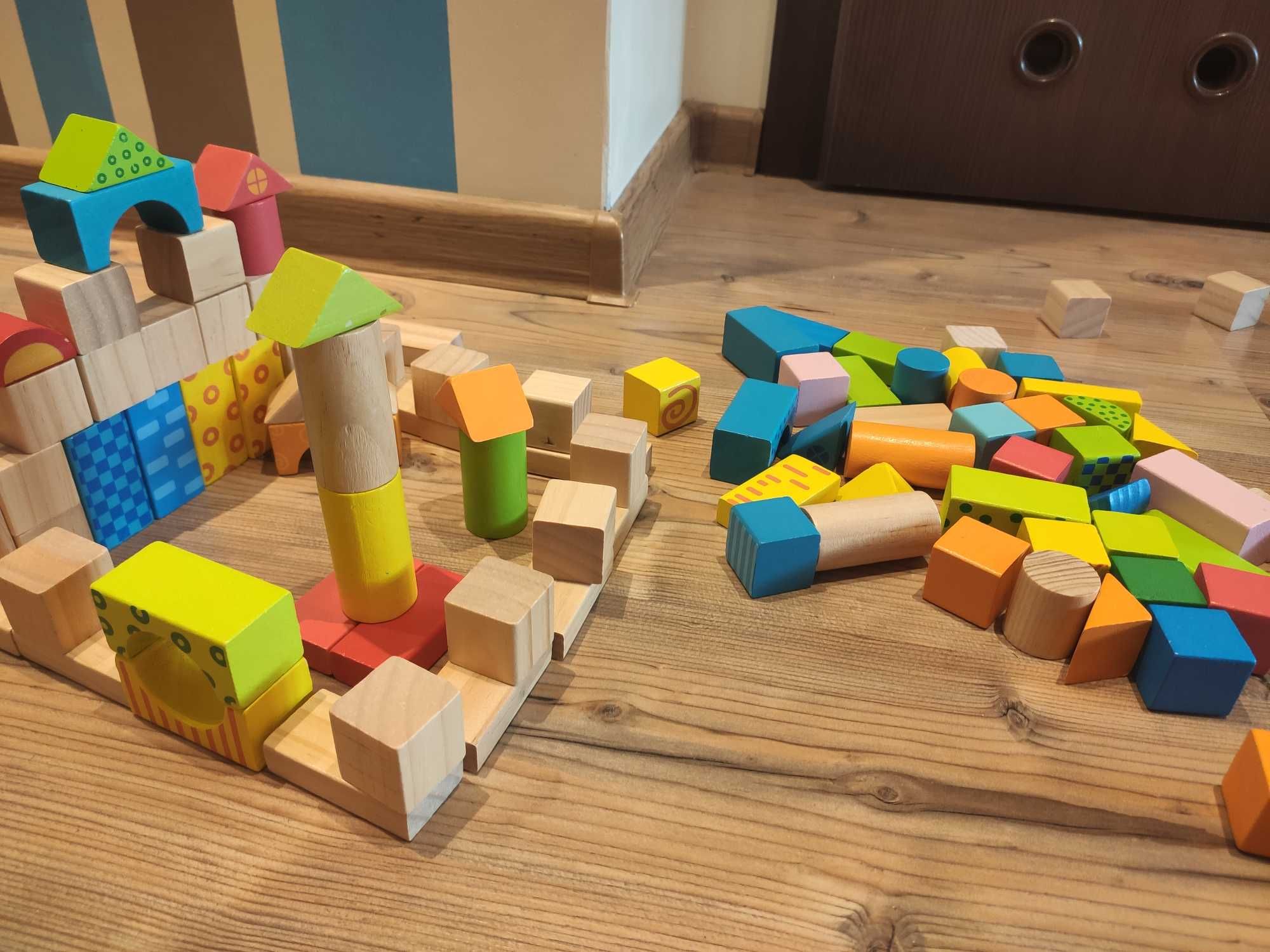 Klocki drewniane wooden blocks 100 sztuk i sorter wiaderko