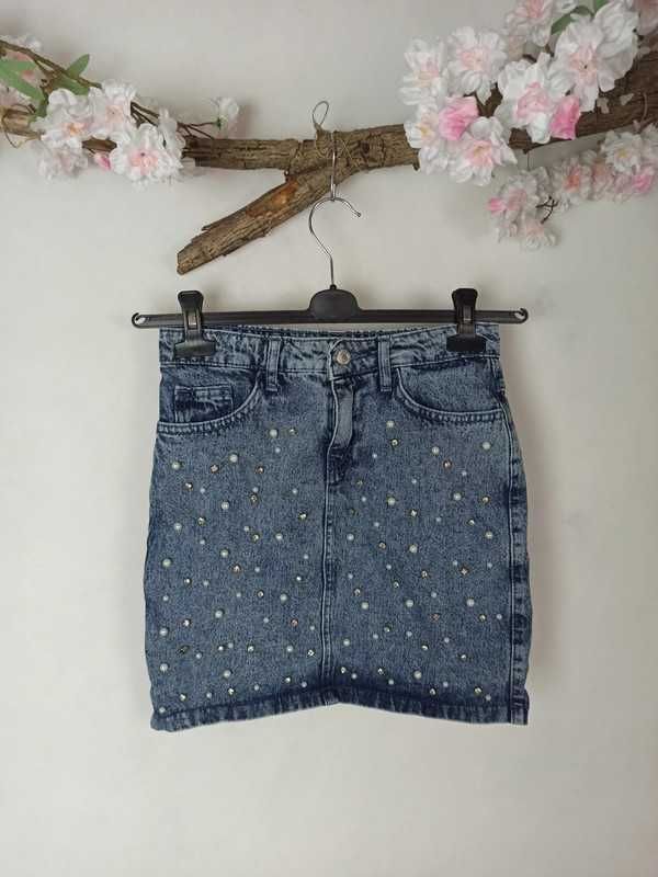 Spódnica jeansowa dżinsowa jeans dżins z perełkami, cyrkoniami, lato