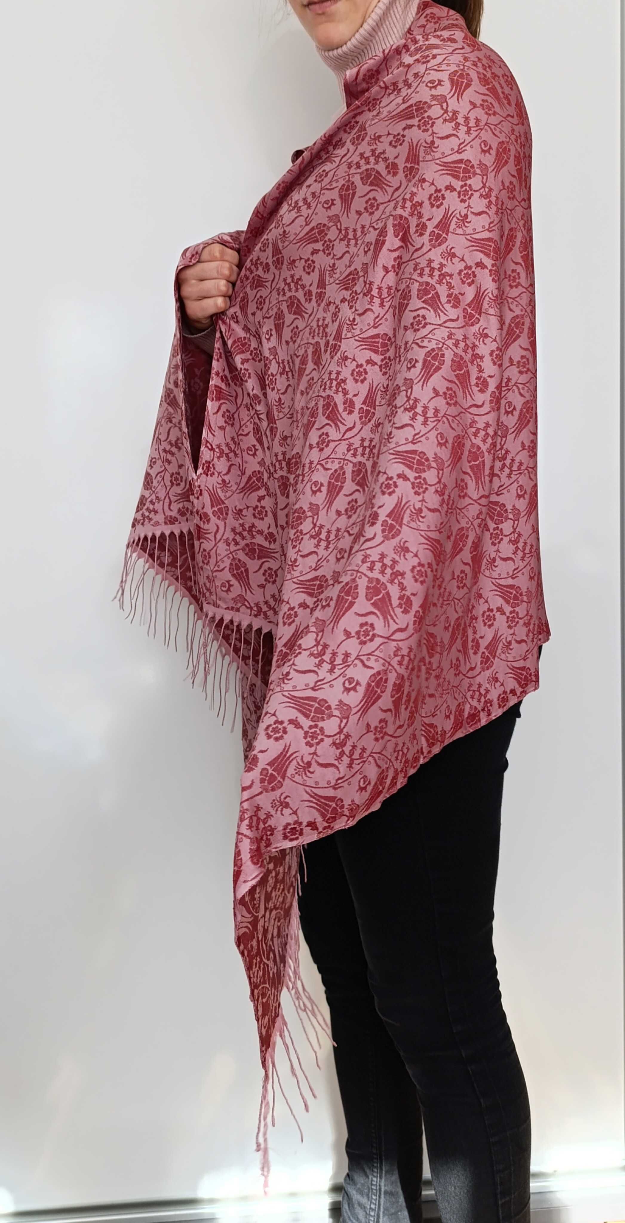 Dwustronny szal jedwabny jedwab silk Bursa Turkey różowy pudrowy róż