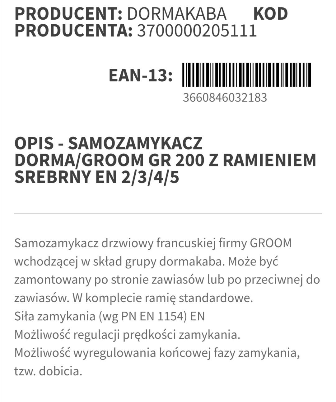 Samodomykacz domykacz do drzwi automat GR 200 BCA 1szt