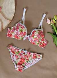 Strój Kąpielowy Dwuczęściowy Bikini Kolorowe Kwiaty Floral Boho Retro