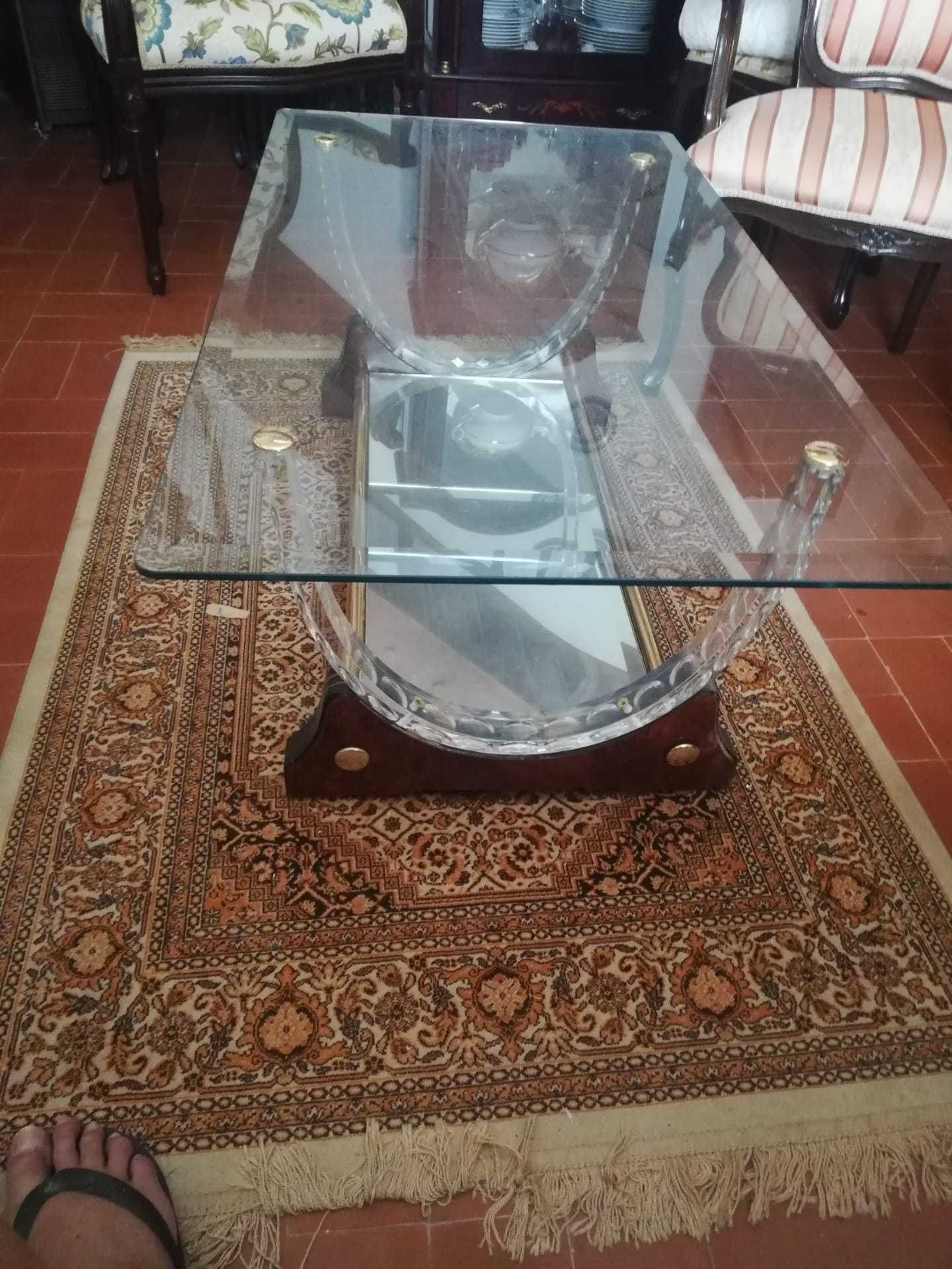 Mesa de Centro em Vidro; Espelho e Madeira